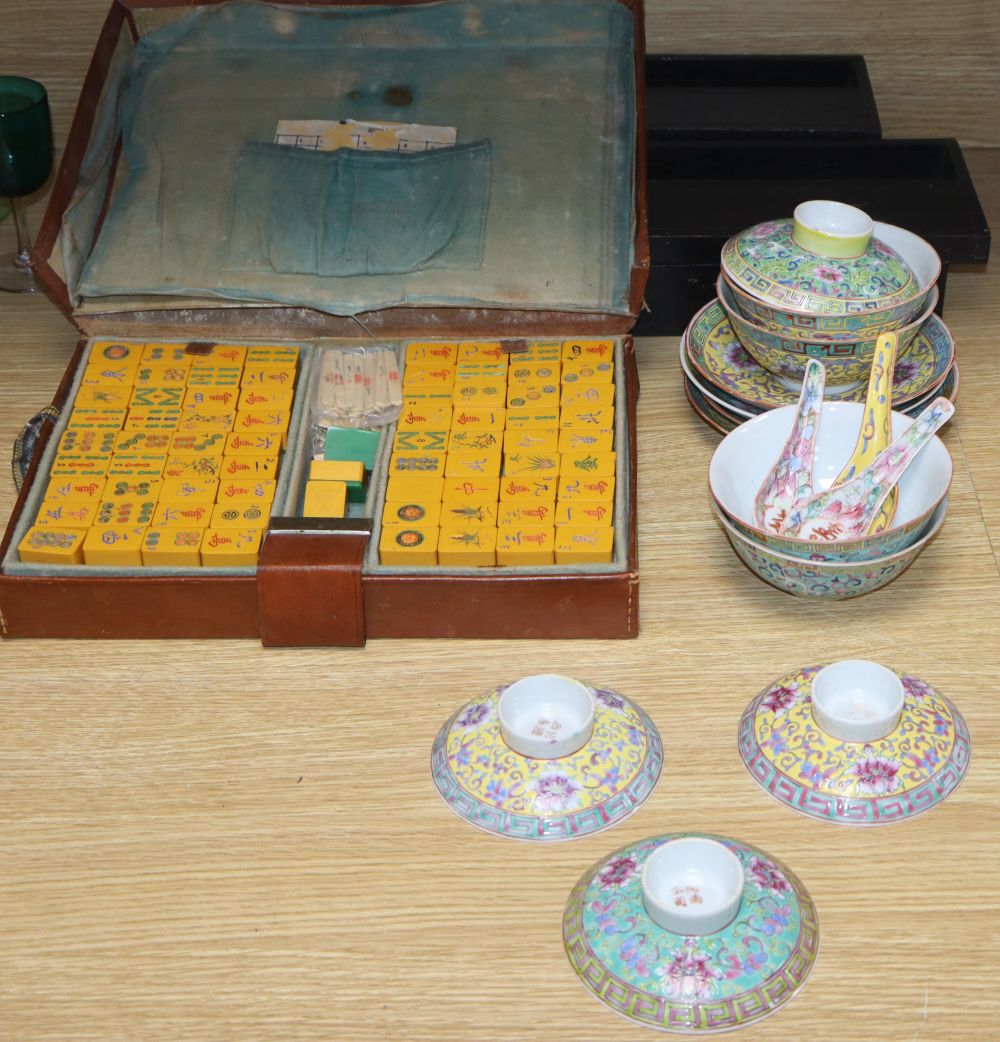 A Mahjong set together with Chinese ceramics